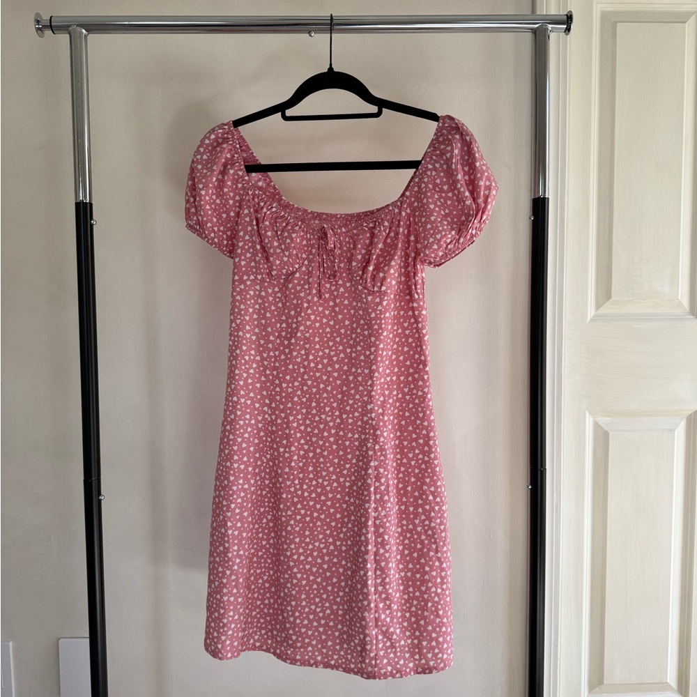 SHEIN Pink Puff-Sleeve Mini Dress with White Floral Print